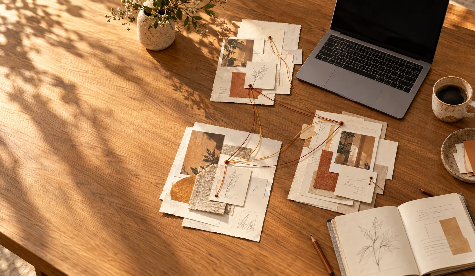 Papéis, notebook e café sobre uma mesa, conectados por fios em uma composição editorial conceitual.
