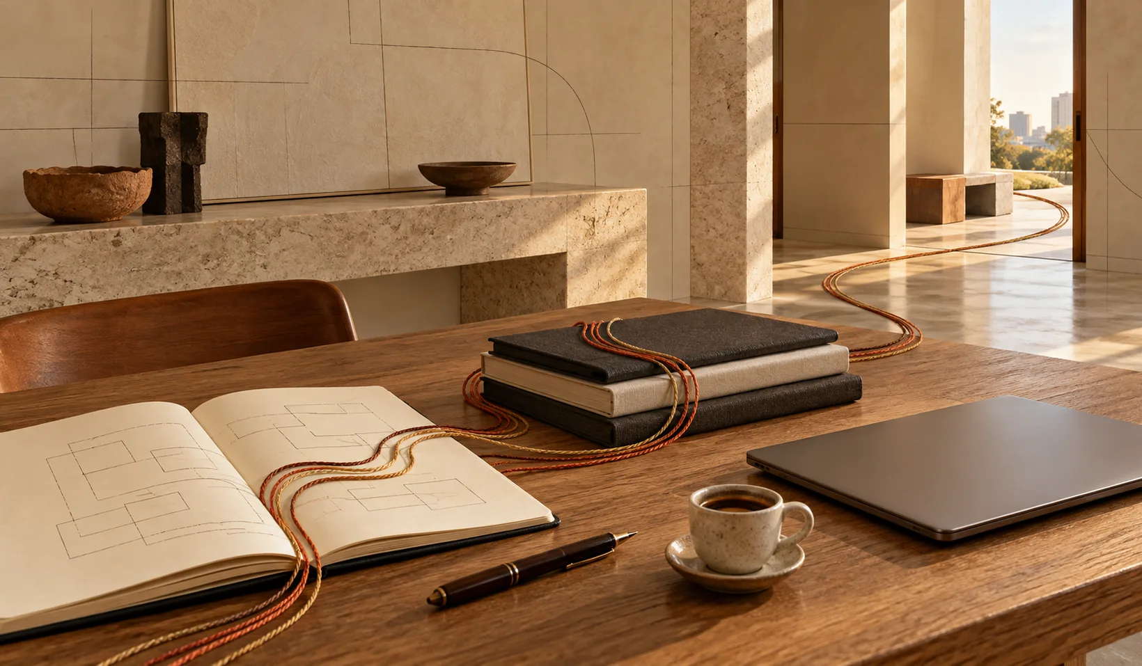 Cadernos, computador fechado e café, com fios seguindo pela arquitetura em uma cena conceitual.
