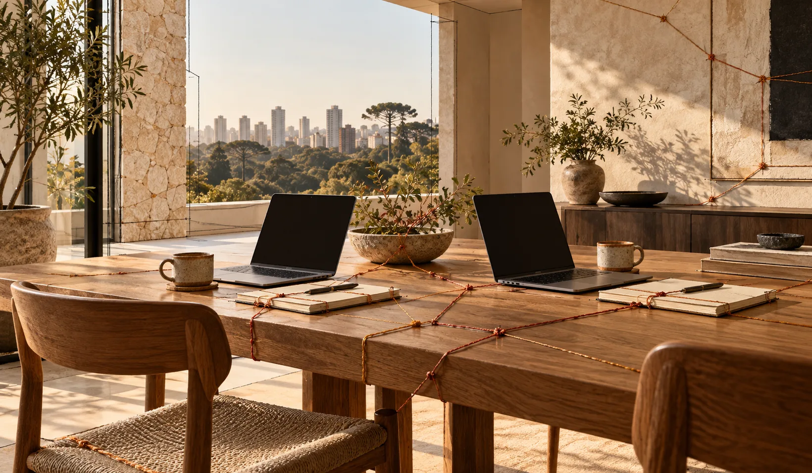 Cena conceitual de uma mesa para duas pessoas, notebooks e fios, em um ambiente doméstico contemporâneo.