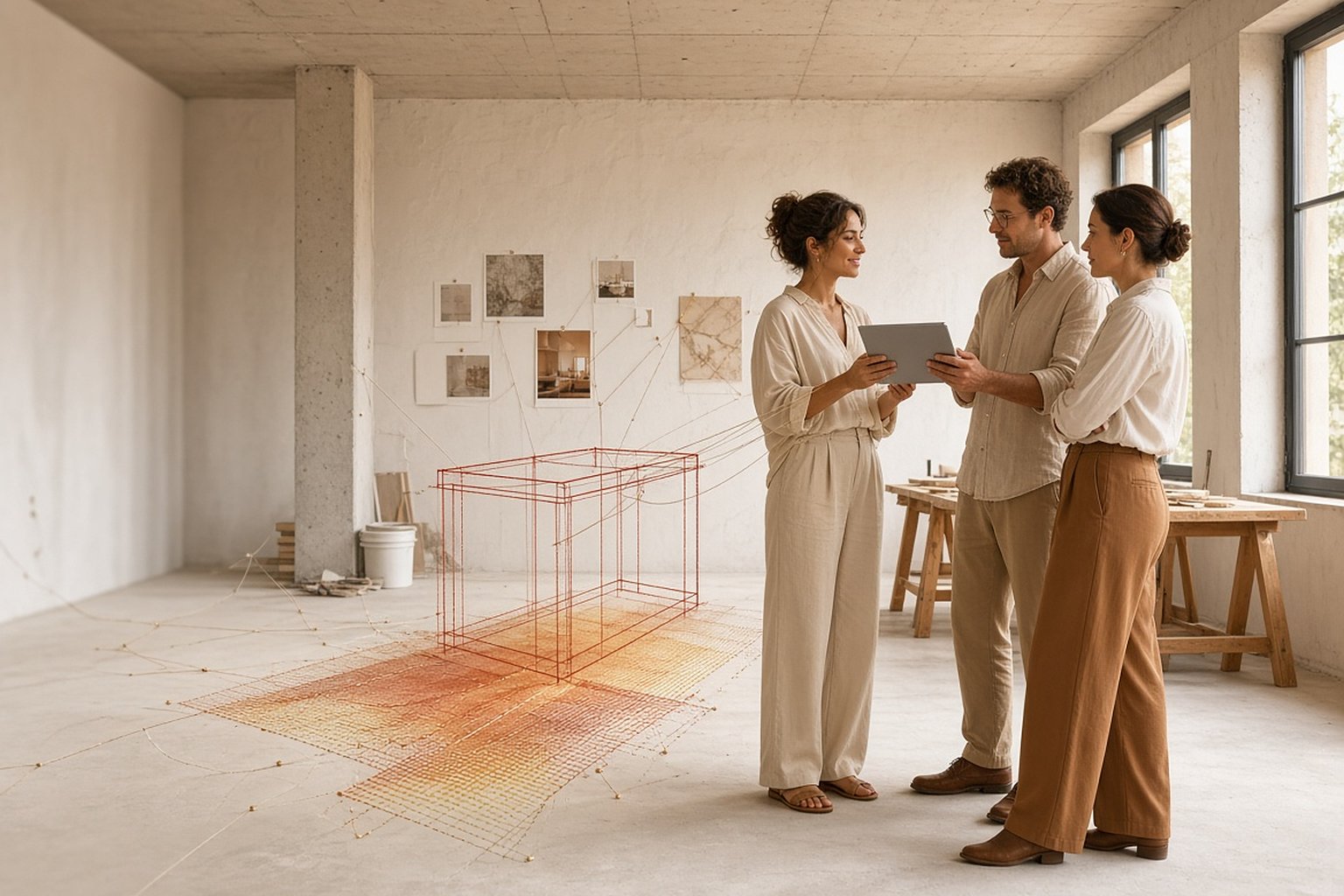 Clientes mostram ao arquiteto no tablet o que desejam para o apartamento em obra