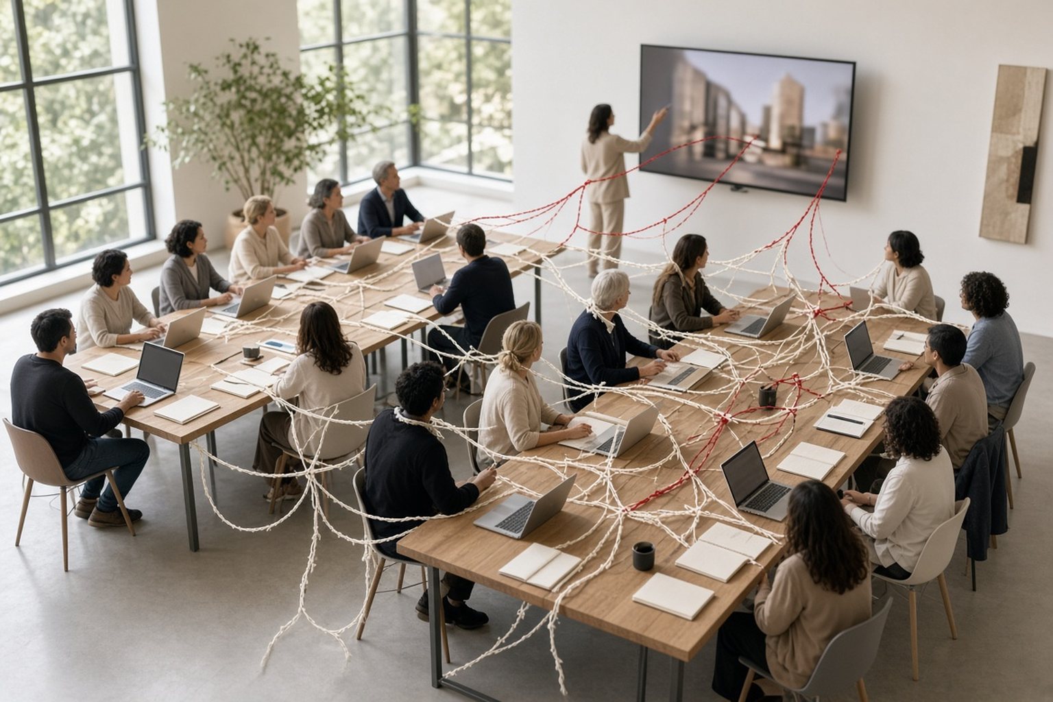 Turma de arquitetos em mesas compartilhadas com notebooks acompanha uma apresentação numa sala clara, com fios vermelhos ligando as pessoas
