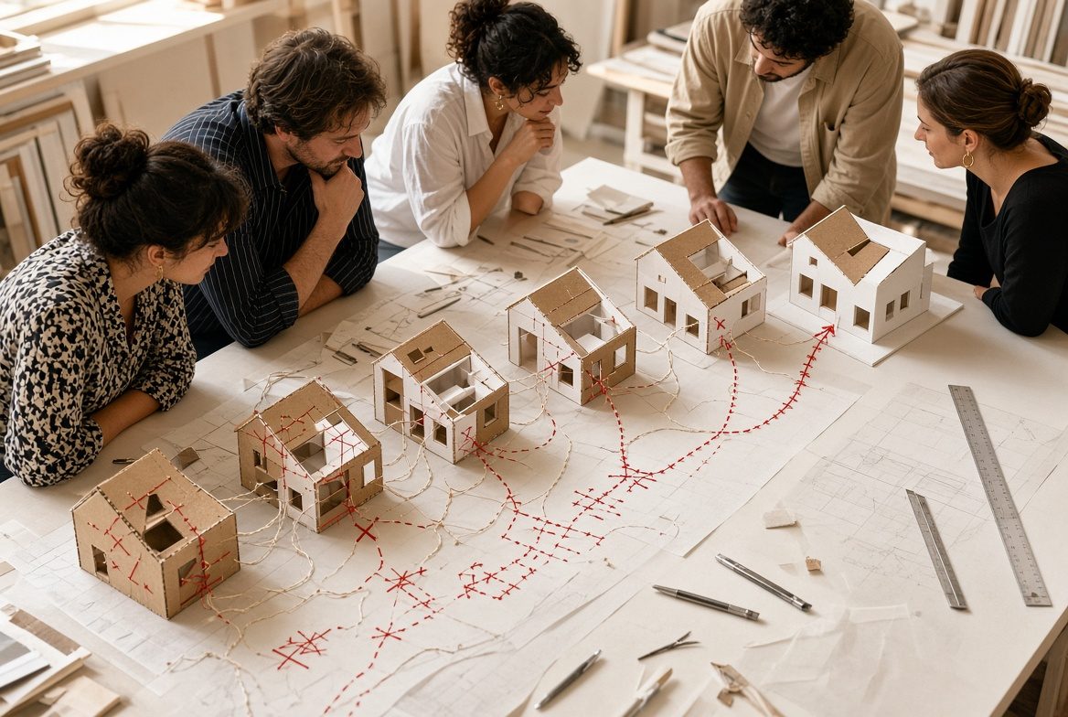 Grupo de arquitetos debruçado sobre uma mesa com maquetes de casas e desenhos ligados por linhas vermelhas