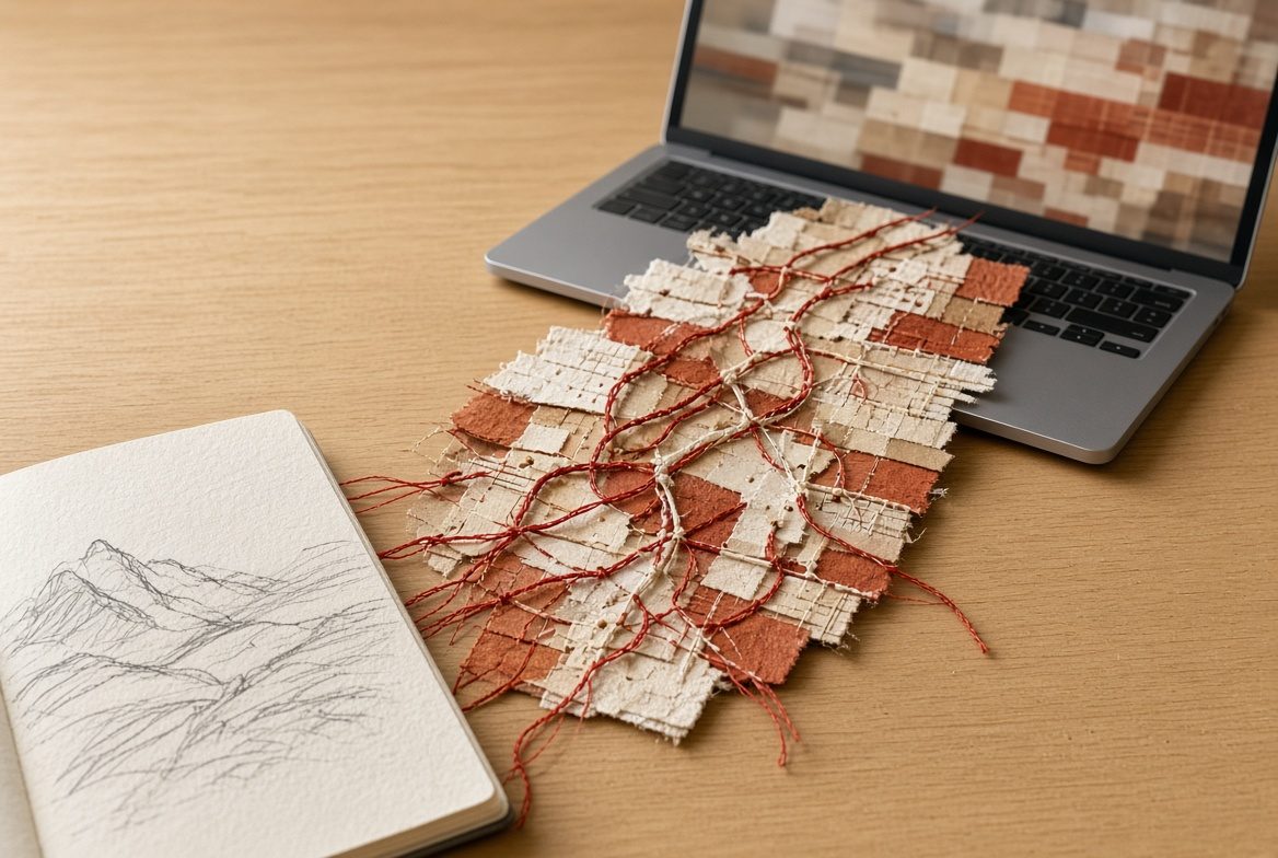 Caderno com um croqui de montanhas a lápis ao lado de um notebook, ligados por uma trama de fios vermelhos e brancos