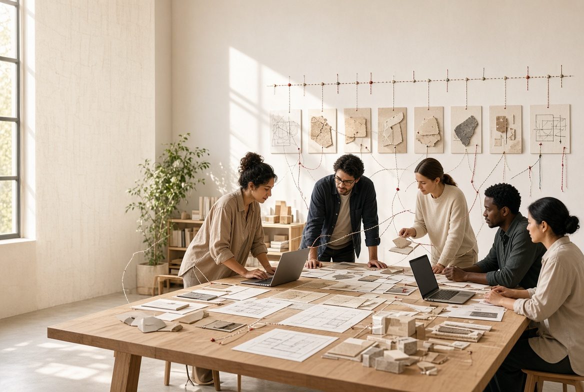 Equipe de arquitetura em volta de uma mesa de madeira com plantas, maquetes e notebooks, diante de referências presas na parede