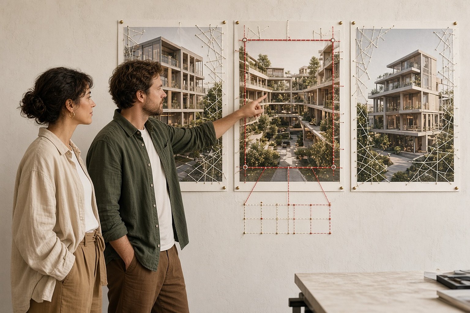 Dupla de designers escolhe entre três imagens de projeto presas na parede