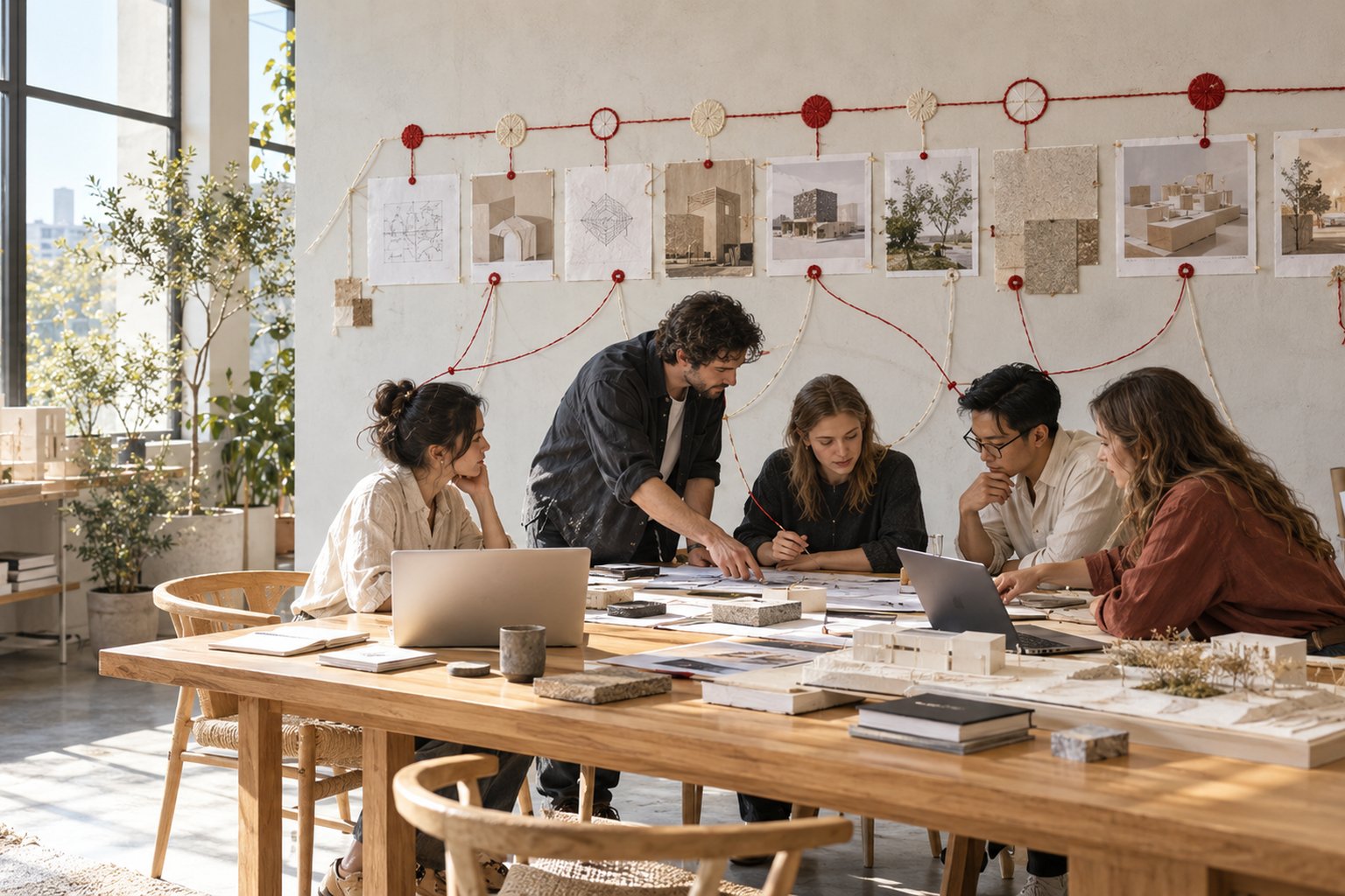 Equipe de arquitetura em volta de uma mesa grande com plantas e maquetes, diante de um quadro de processo na parede