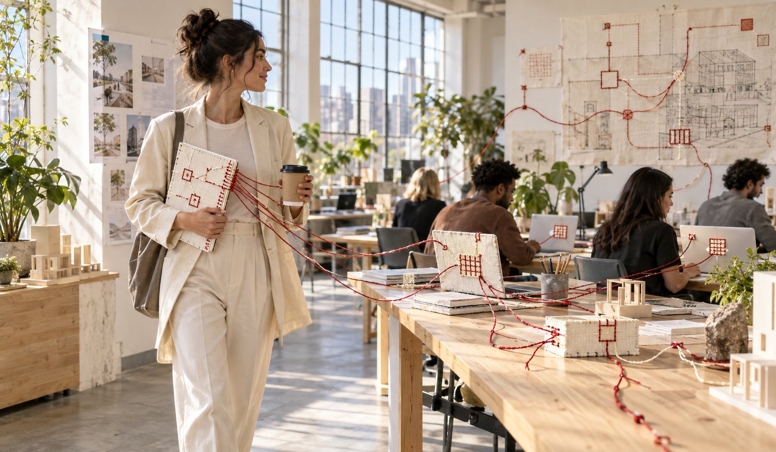Arquiteta atravessa um estúdio com a equipe nos notebooks e diagramas bordados em vermelho na parede