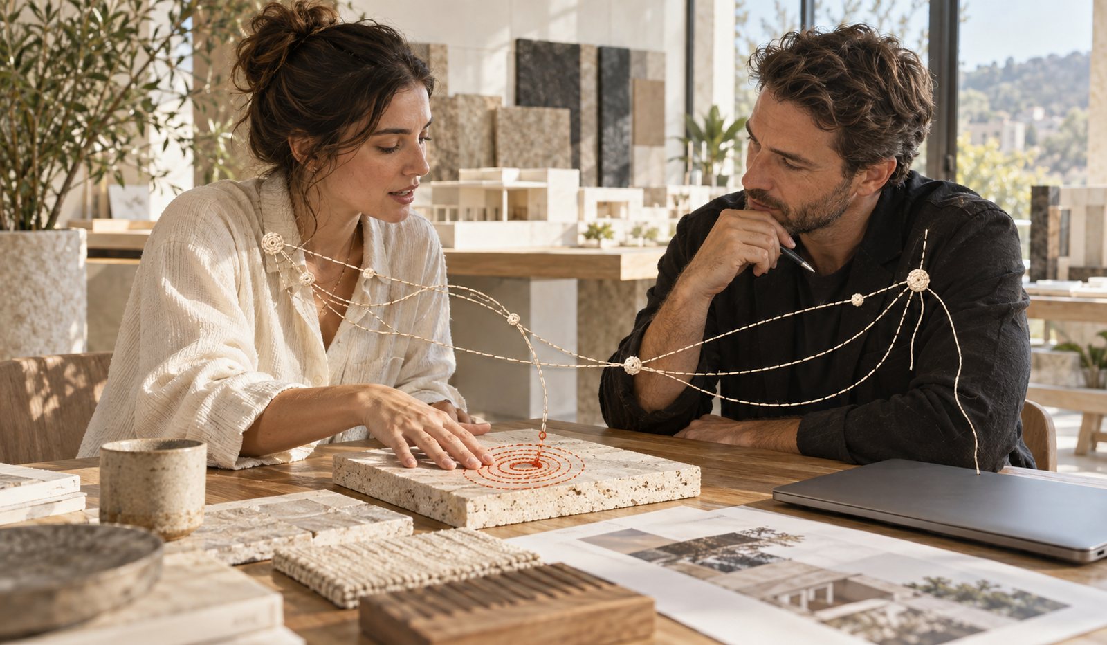 Arquiteta e arquiteto conversam sobre uma amostra de pedra na mesa, com fios bordados ligando o material ao projeto