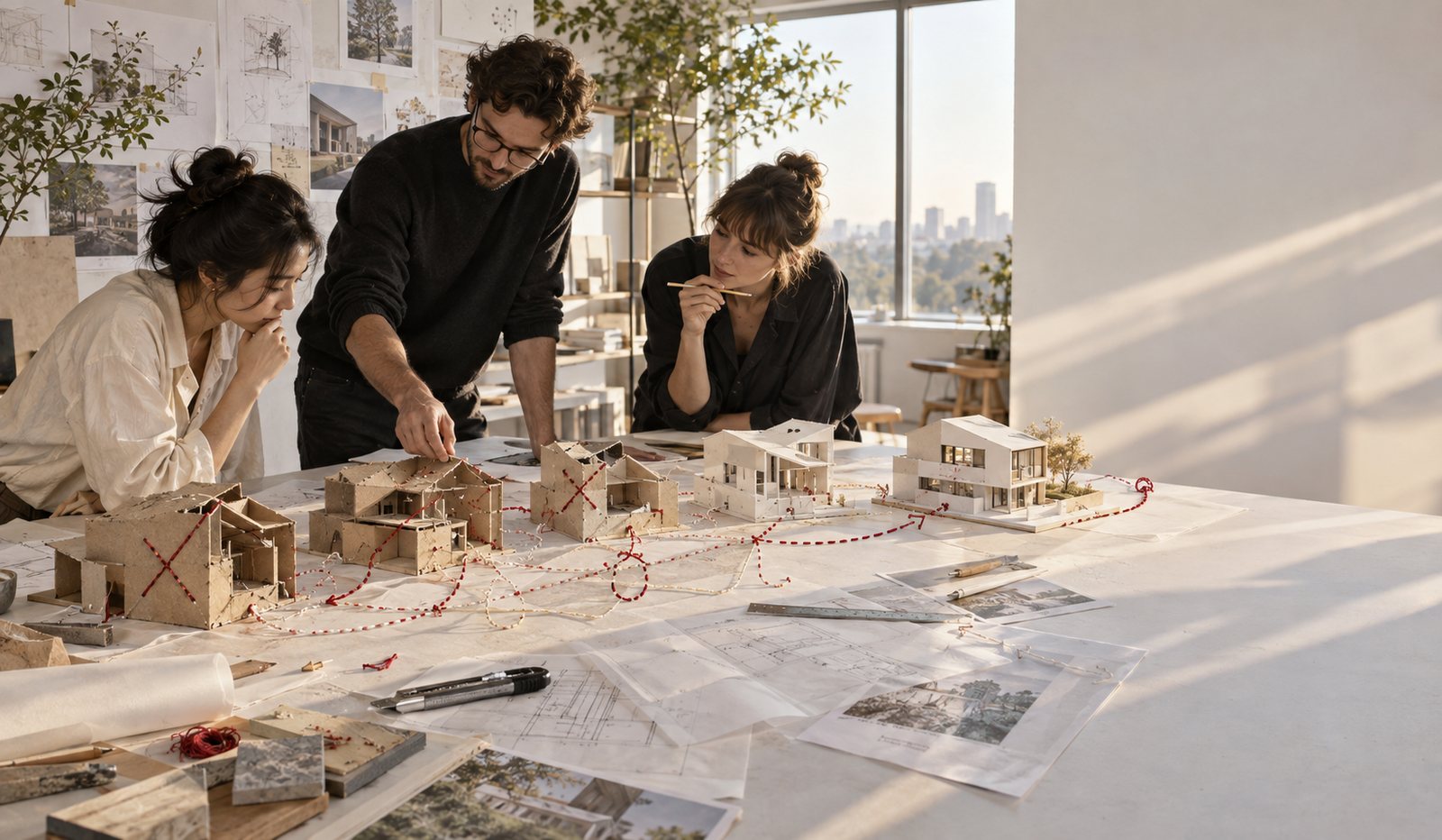 Três arquitetos comparam várias versões da maquete de uma casa, com marcas vermelhas sobre as descartadas