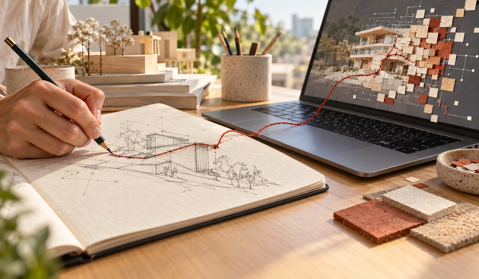 Arquiteto desenha um croqui no caderno ao lado de um notebook em que a mesma casa aparece em blocos de pixels