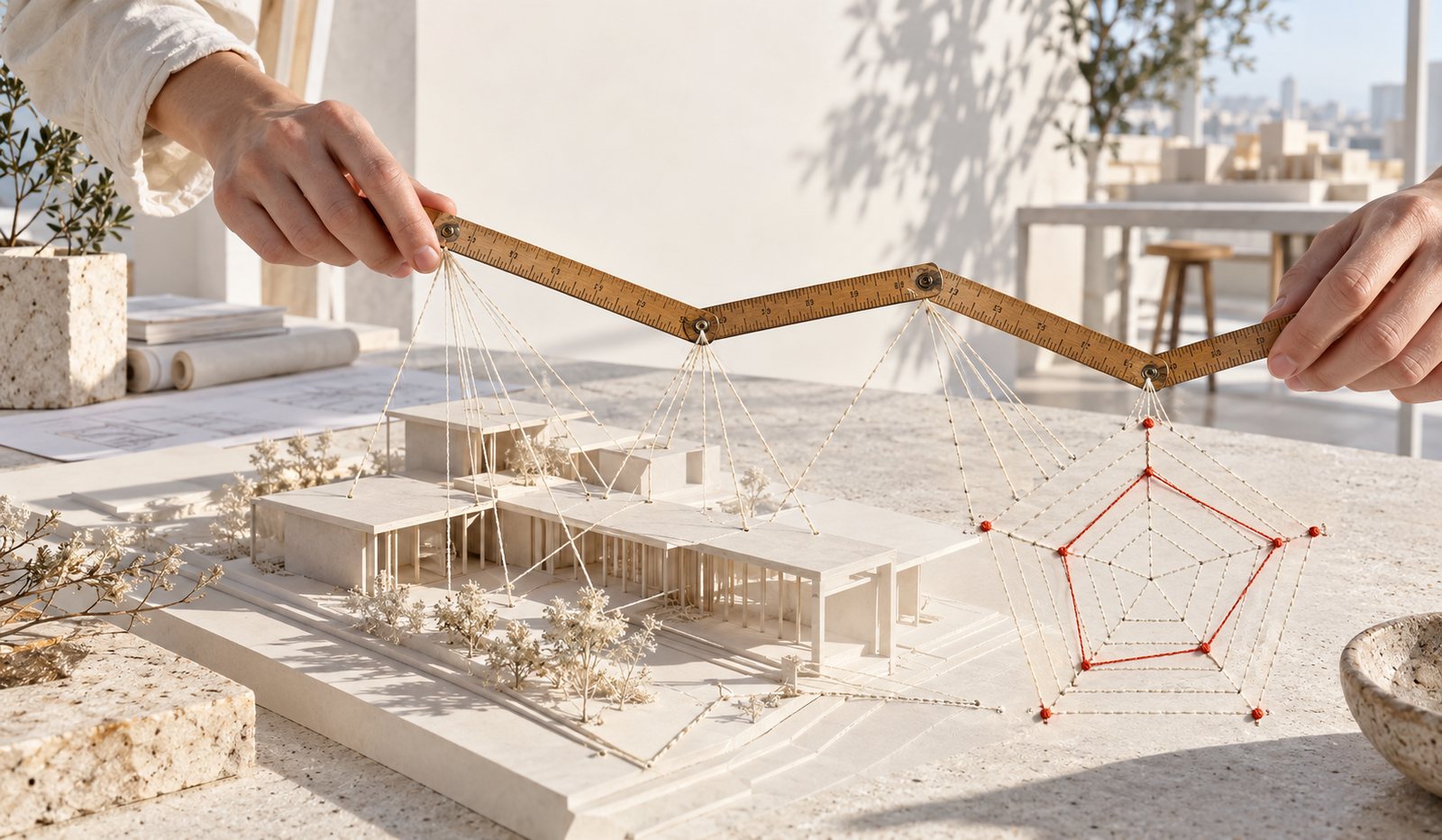 Mãos seguram uma régua dobrável sobre a maquete de uma casa, com um gráfico em teia bordado em vermelho ao lado