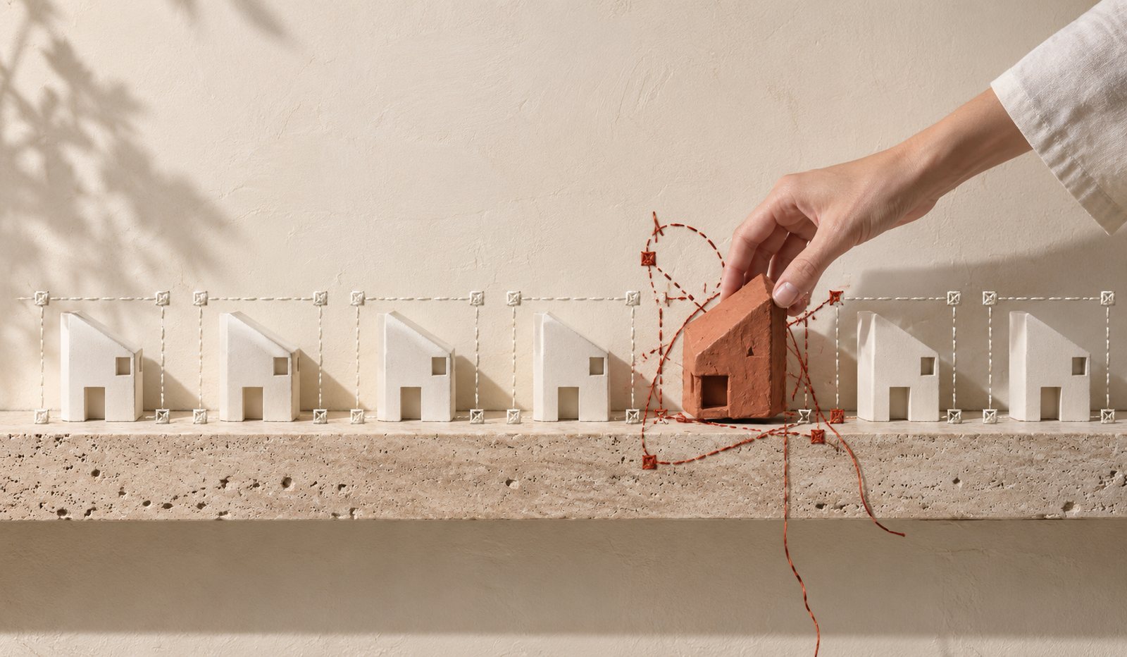 Mão coloca uma casa de madeira terracota numa fileira de maquetes brancas iguais sobre uma prateleira de pedra