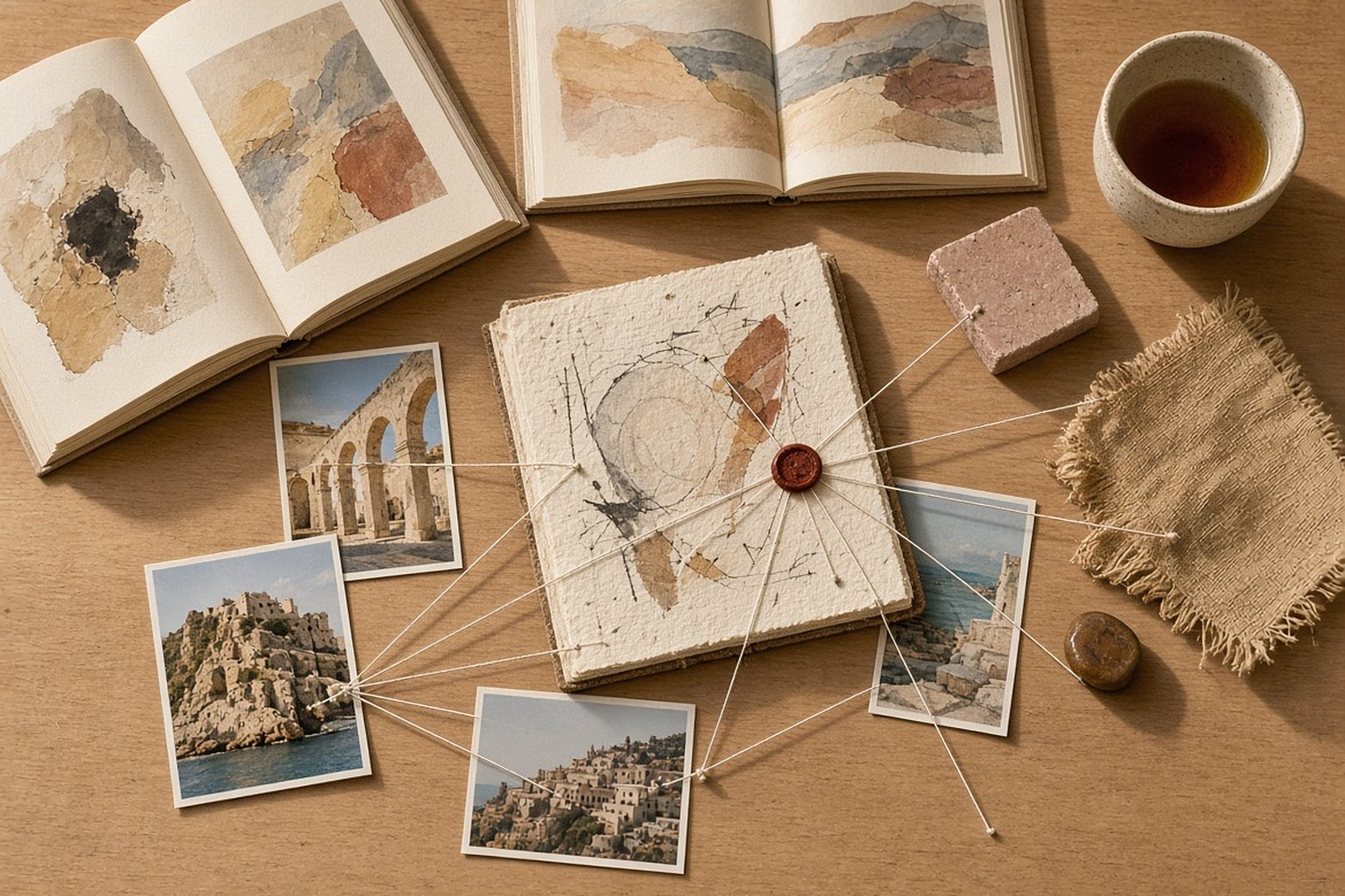 Livros, fotos de viagem e amostras ligados por fios sobre a mesa, como um mapa de decisão
