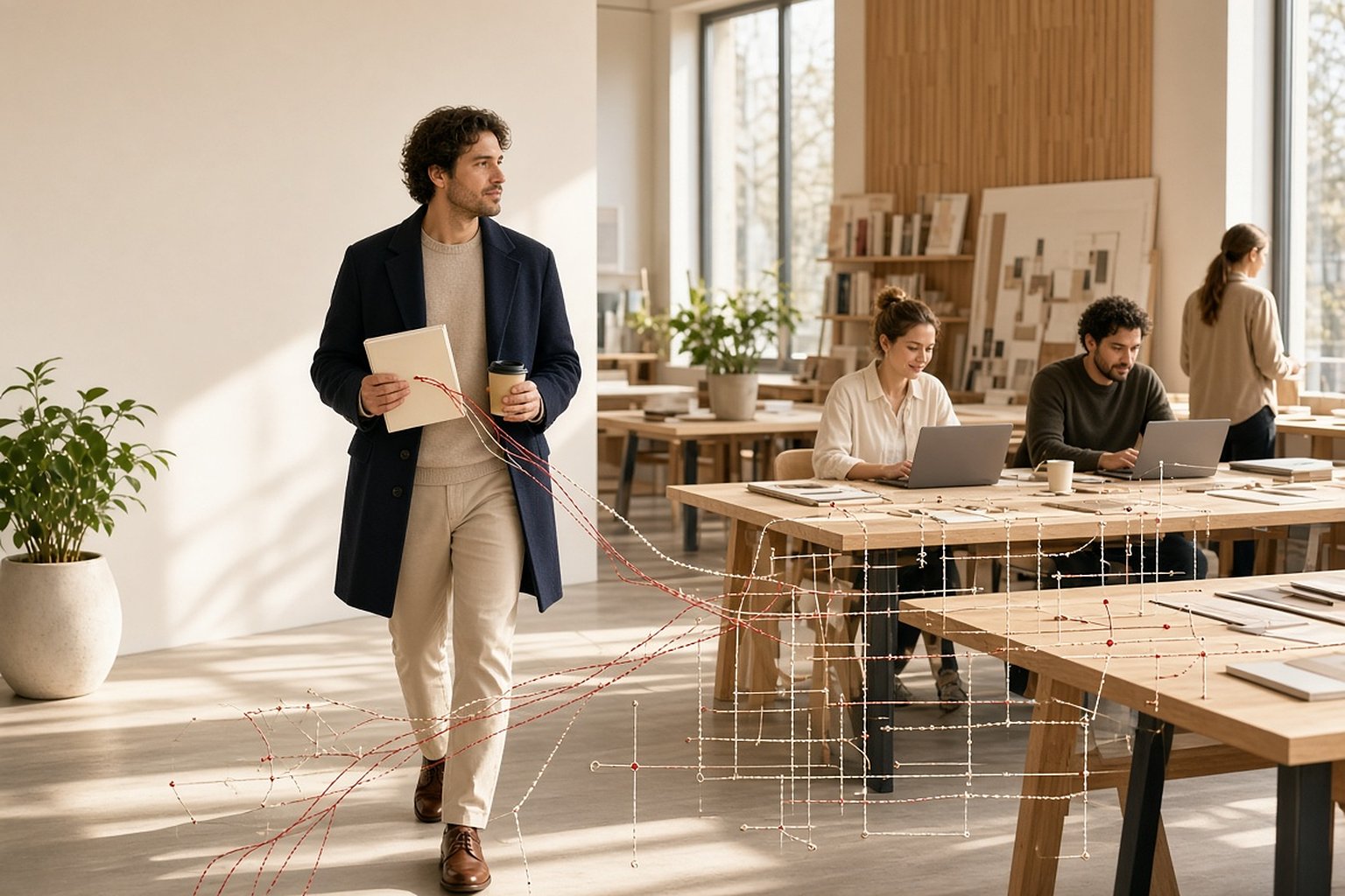 Arquiteto chega ao estúdio com o caderno de trabalho enquanto a equipe começa o dia