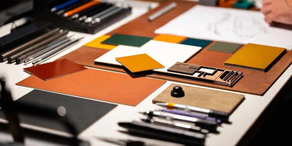 Mesa de trabalho com materiais, caderno e luz natural