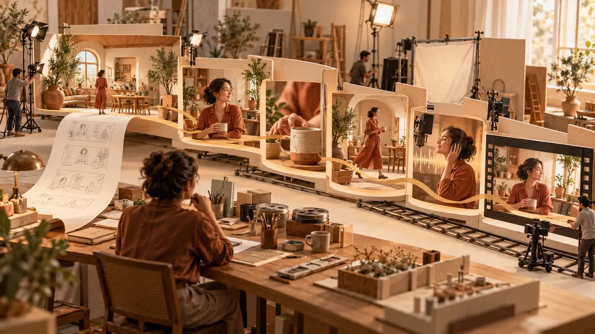 Um roteiro de papel percorre seis pequenos sets de filmagem conectados, repetindo a mesma personagem e o mesmo interior em planos gerais, médios e detalhes até chegar ao corte final.