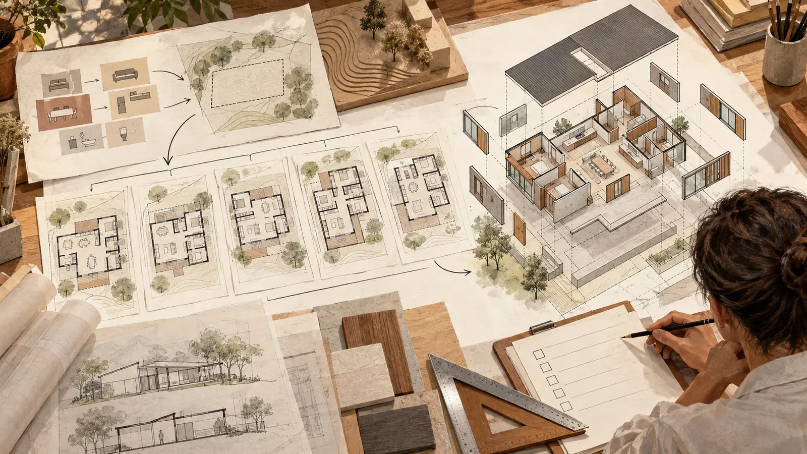 Programa e perímetro de um terreno se desdobram em cinco plantas residenciais; uma arquiteta seleciona uma opção que aparece como modelo BIM em camadas editáveis.