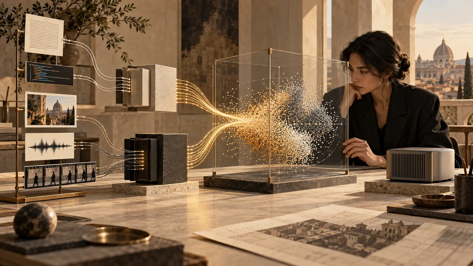 Uma mesa de arquivo recebe página, imagem, faixa de áudio e sequência de vídeo; cada mídia atravessa módulos físicos e chega a um mapa comum de pontos, revisado por uma pesquisadora.