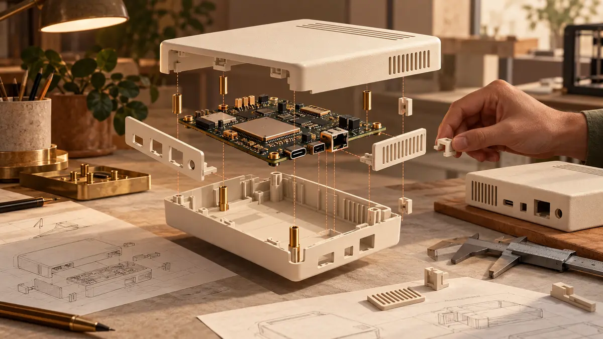 Placa de circuito e peças de um gabinete 3D aparecem em vista explodida, ligadas por linhas de alinhamento a portas, suportes e ventilação, enquanto uma mão verifica um encaixe.