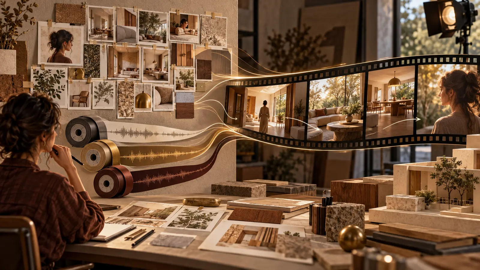Referências de interiores, materiais e personagem se unem a três faixas de áudio e formam uma curta tira de filme, acompanhada por uma diretora diante de uma maquete arquitetônica.