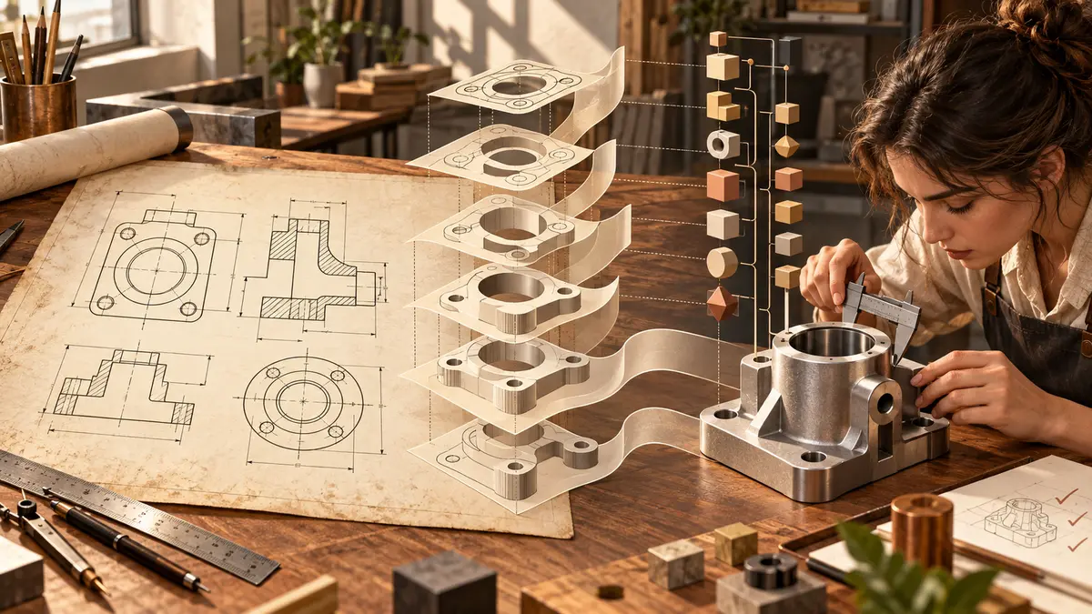 Uma prancha técnica com vistas ortográficas se transforma em uma peça tridimensional por uma sequência visível de operações paramétricas, sob revisão de uma engenheira.