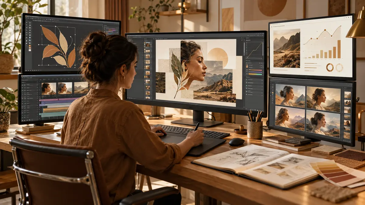 Profissional organiza uma composição visual em camadas enquanto cartões de animação, dados e variações de imagem formam um fluxo conectado.