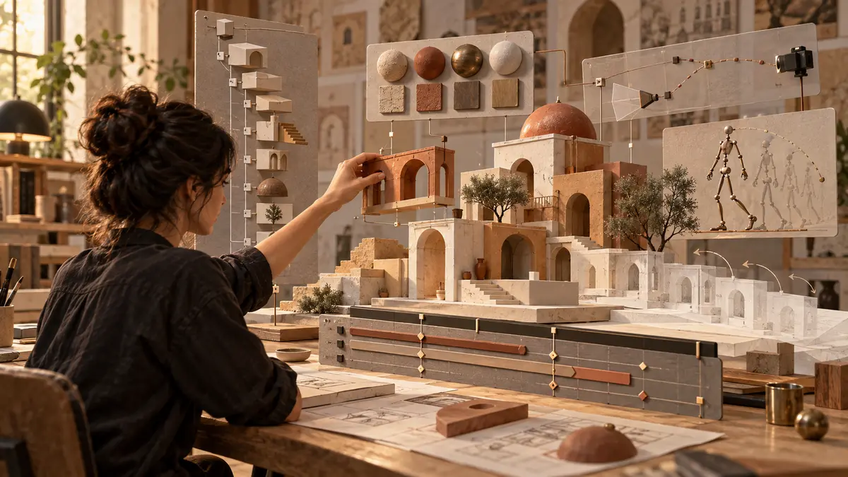 Uma artista ajusta um modelo arquitetônico tridimensional cercado por camadas de hierarquia, materiais, câmera, rig e linha do tempo, todos representados como elementos editáveis.