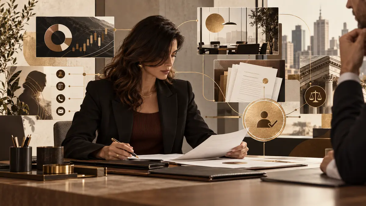 Assessora revisa documentos enquanto painéis abstratos conectam carteira, histórico do cliente, reunião e aprovação humana.