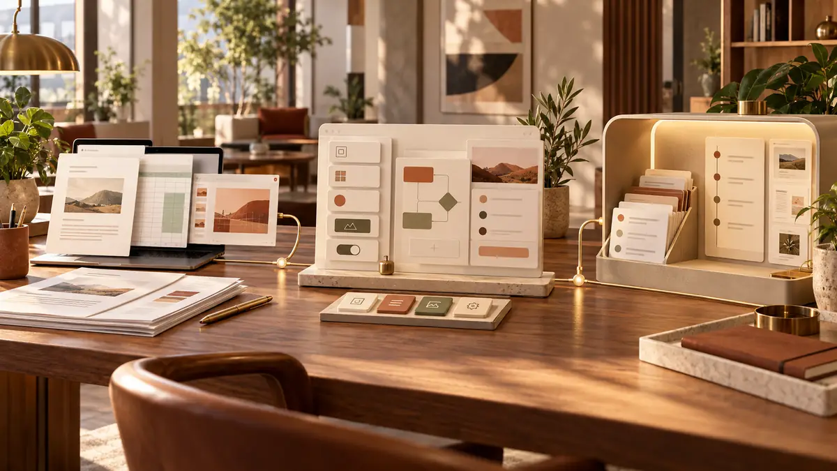 Mesa de trabalho conecta documentos de escritório, um painel de aplicativo em construção e uma estação de tarefas contínuas.