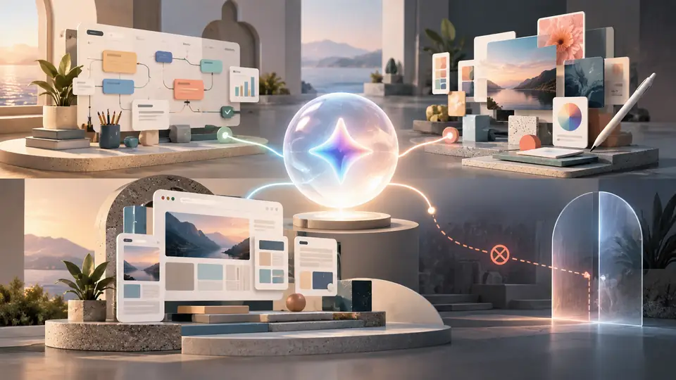 Gemini ao centro conecta um quadro de projetos, materiais de criação visual e páginas de sites; um caminho interrompido representa disponibilidade variável.