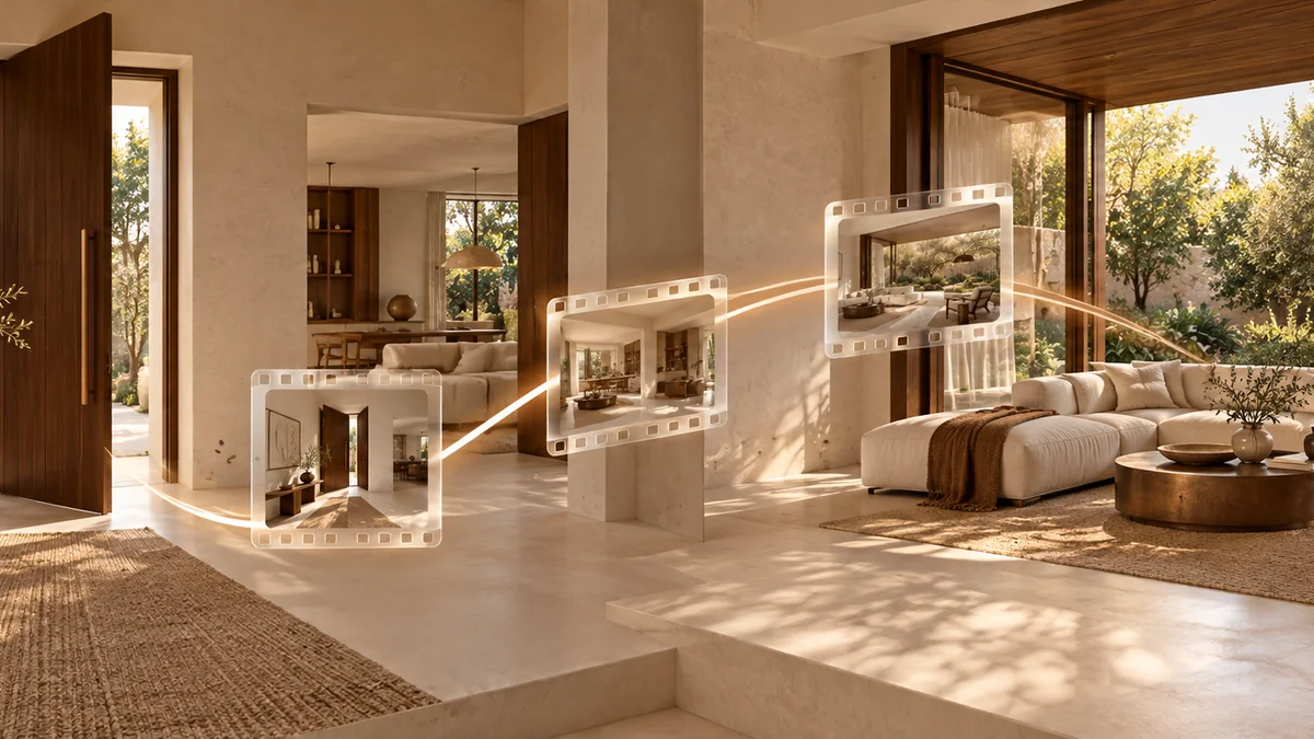 Sequência de quadros mostra a câmera atravessando um interior entre uma entrada e uma sala voltada ao jardim.