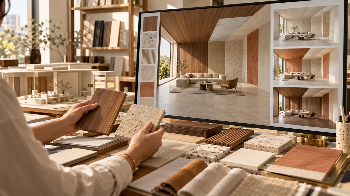 Designer compara amostras de madeira e pedra com variações de textura aplicadas a um modelo tridimensional de interior.