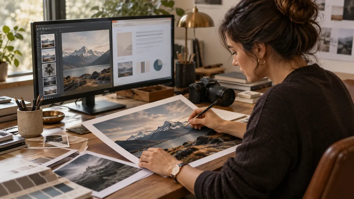 Profissional ajusta um elemento de uma imagem em uma mesa de trabalho com uma apresentação e um documento abertos ao fundo.