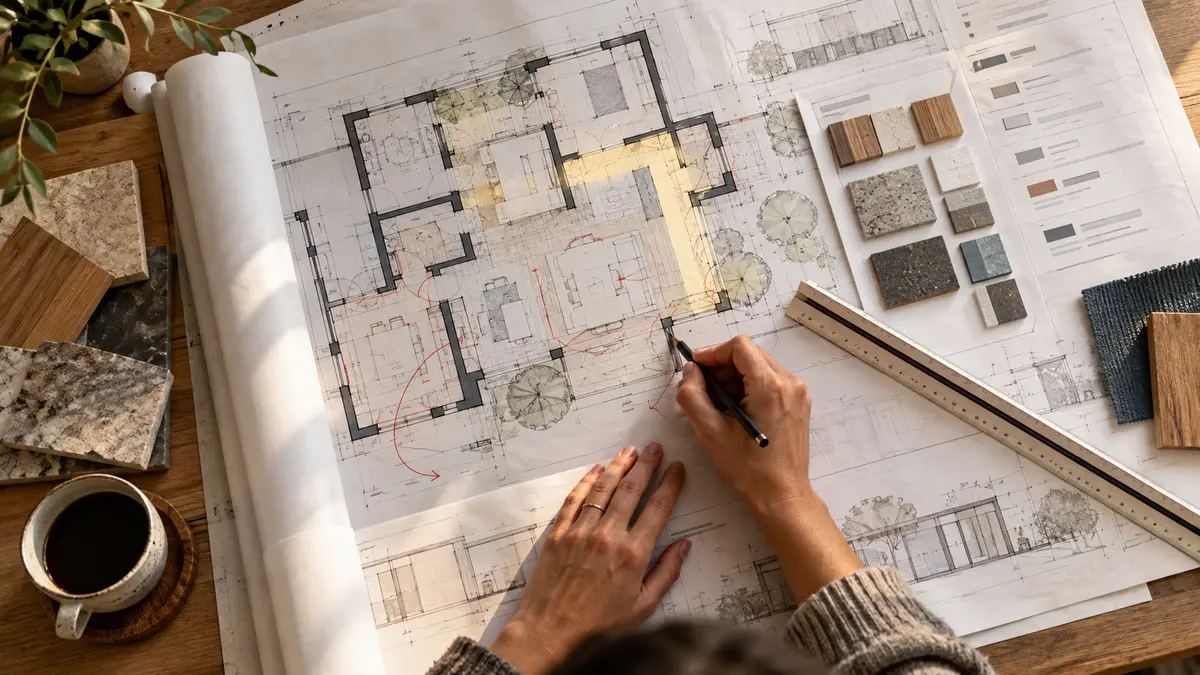 Uma planta residencial aberta ao lado de uma planilha de quantitativos, com linhas de material sendo verificadas por uma profissional antes de entrarem no orçamento.