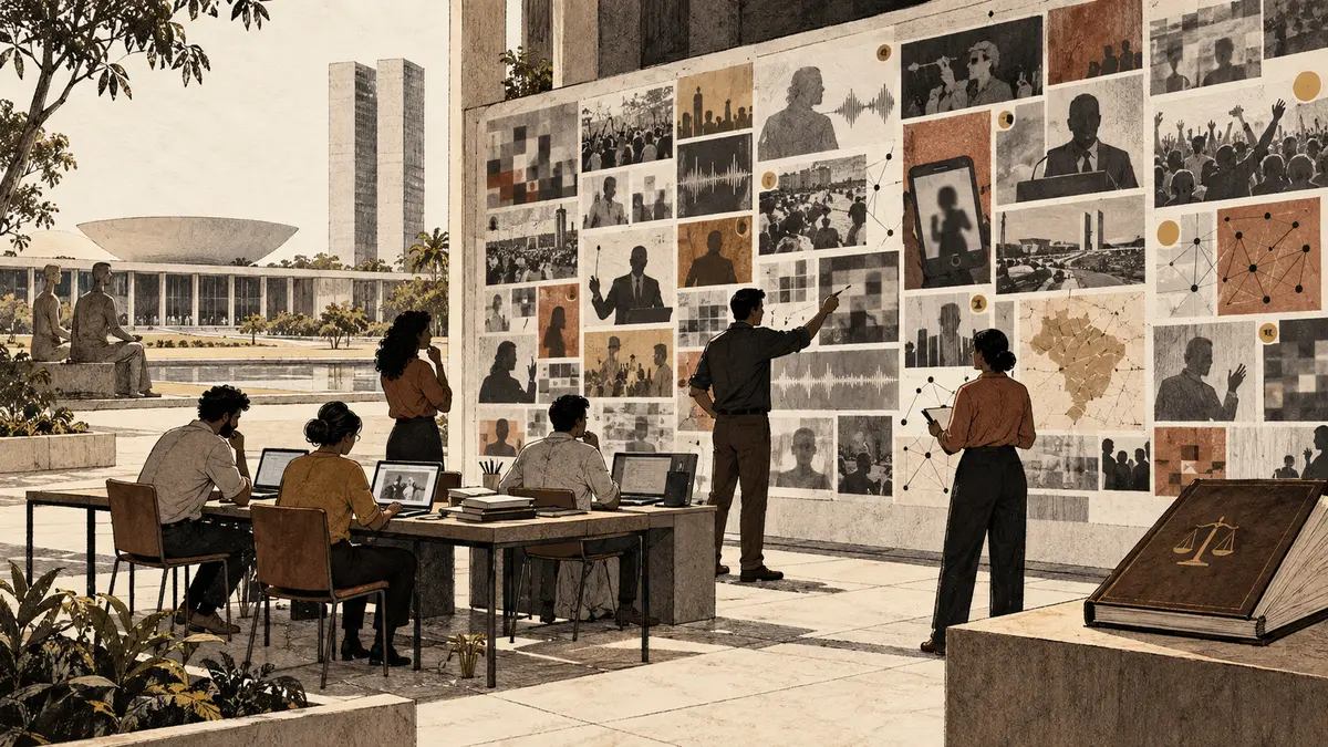 Pesquisadores examinam um mural de imagens, áudios e vídeos políticos em uma praça cívica brasileira, enquanto um livro de regras permanece separado das evidências.
