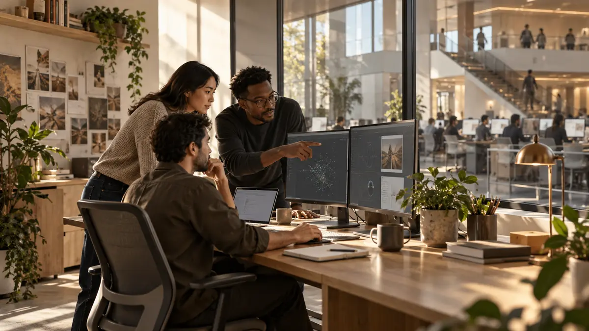 Equipe analisa dados em uma estação de trabalho, com outros profissionais ao fundo em um escritório amplo.