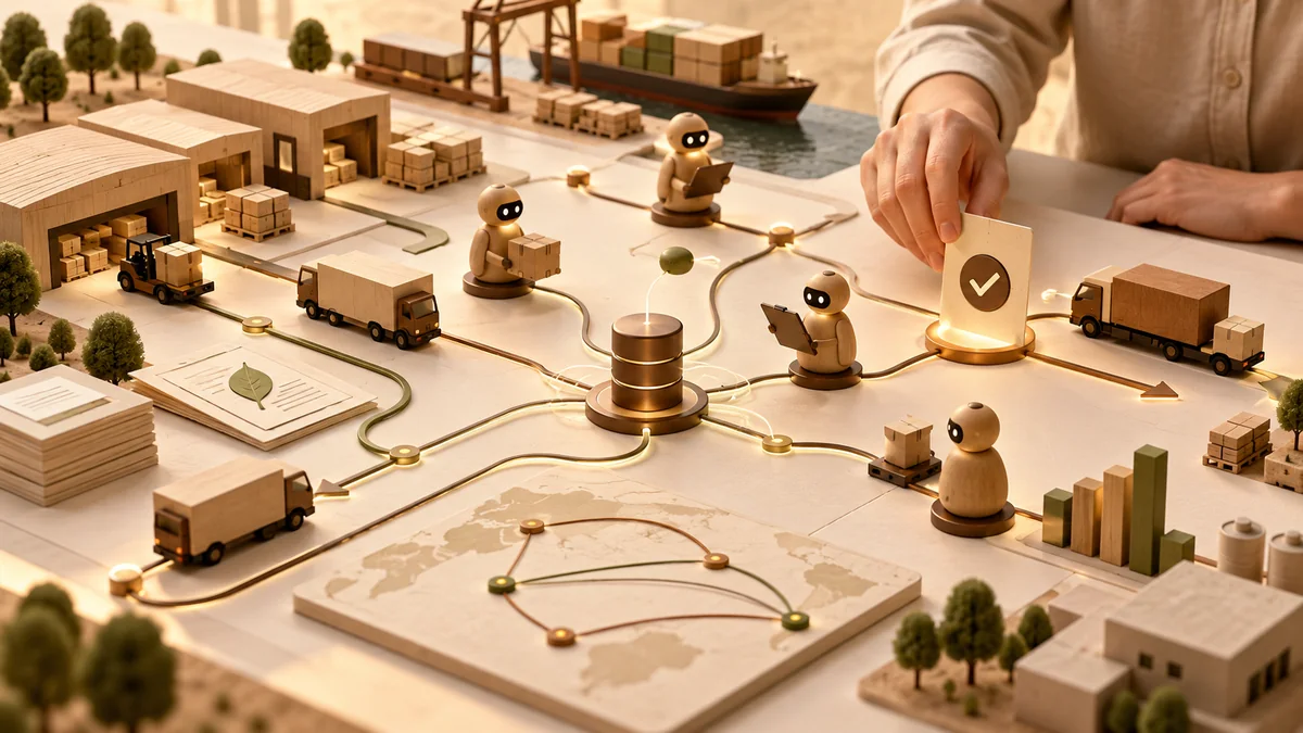 Miniatura de uma cadeia de suprimentos conectada a agentes e a uma pessoa aprovando uma etapa.