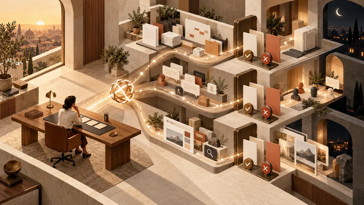 Uma profissional acompanha de uma mesa central vários fluxos de trabalho contínuos em salas conectadas, com portões de aprovação antes de ações externas.